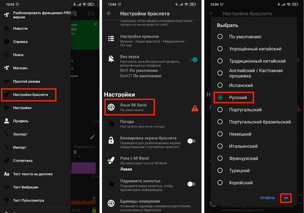Включение русского языка в Notify & Fitness for Mi Band